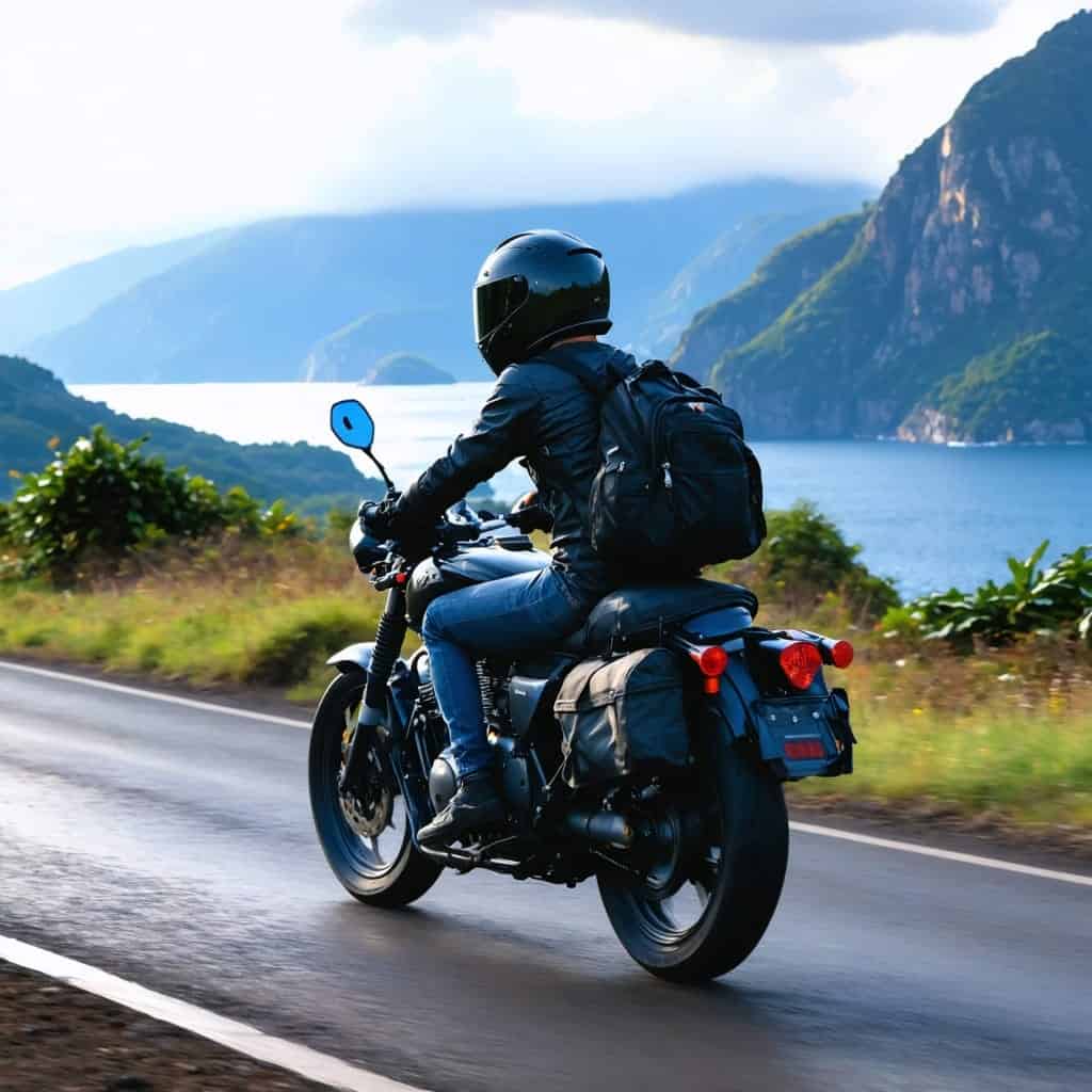 Motorcycle rider wearing helmet and backpack on a scenic coastal road.