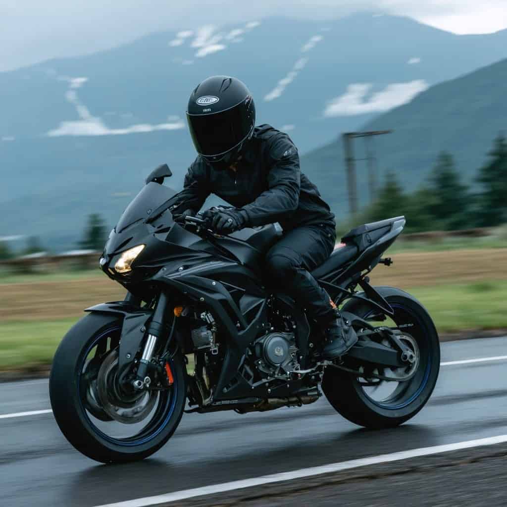 Motorcycle rider wearing black helmet and gear riding on wet road.