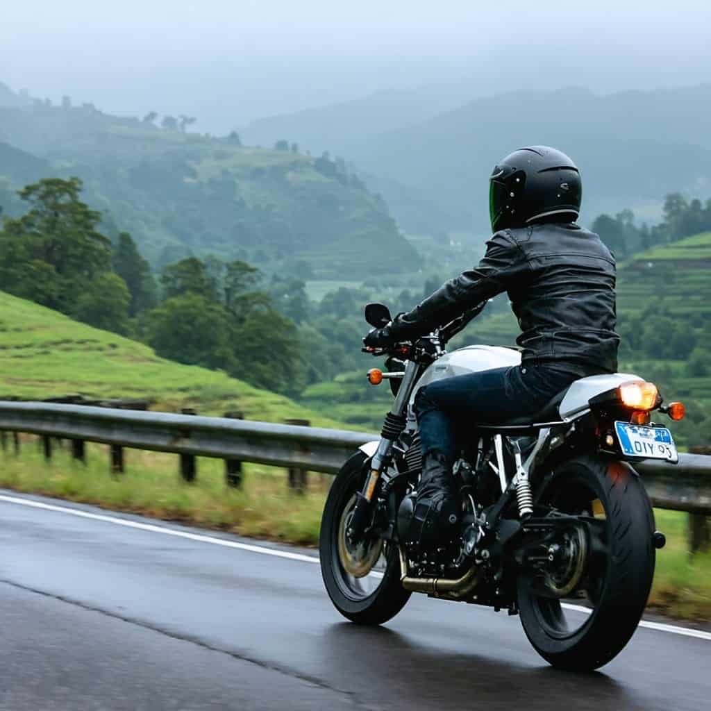 Motorcycle riding along a scenic road with lush green hills in the background.