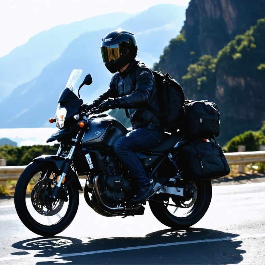 Motorcyclist riding on scenic mountain road with luggage.