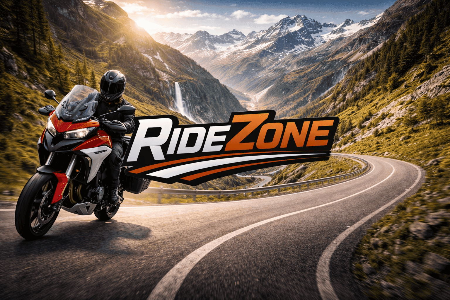 Motorcycle riding through scenic mountain landscape with winding road.