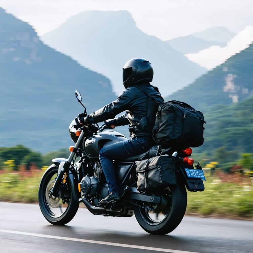 Motorcycle rider with gear riding through lush mountain scenery.
