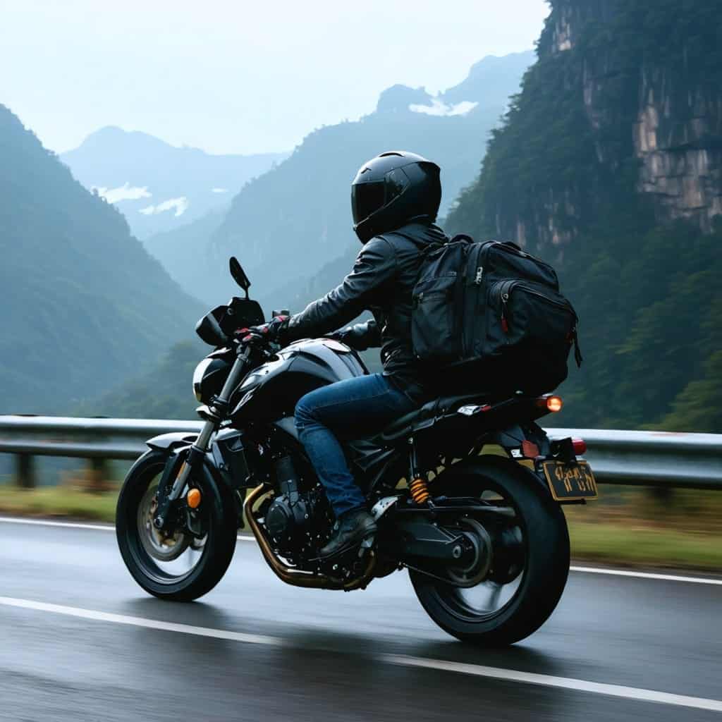 Motorcyclist riding on scenic mountain road with lush landscape.